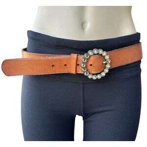 Old Navy Belt Brown Genuine‎ Leather Circle Rhinestone Buckle Women's Small 40"